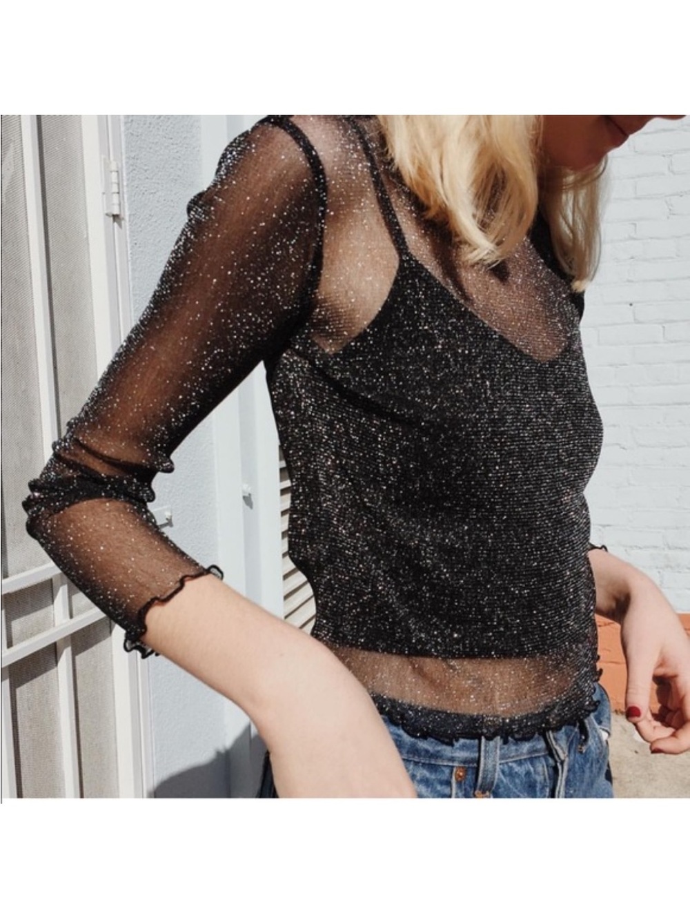 Brandy Melville Black Glitter Sheer Long-Sleeve Mesh Top